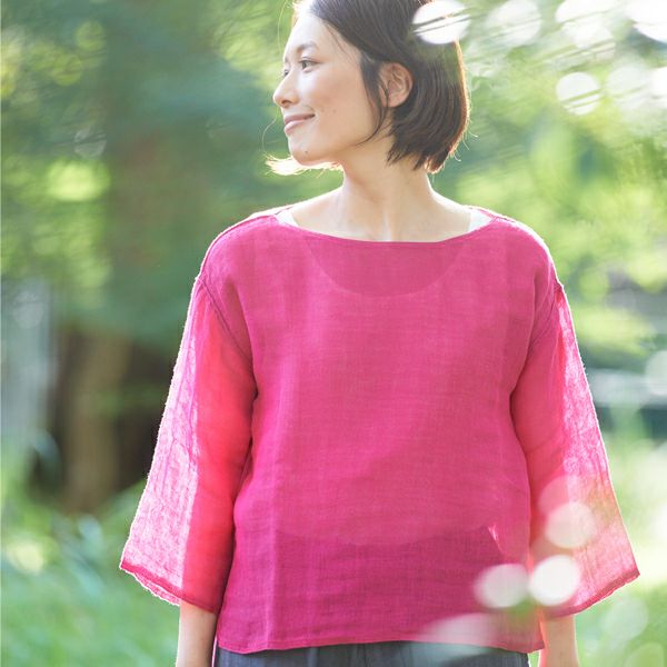 蚊帳ボートネックTシャツぼたん