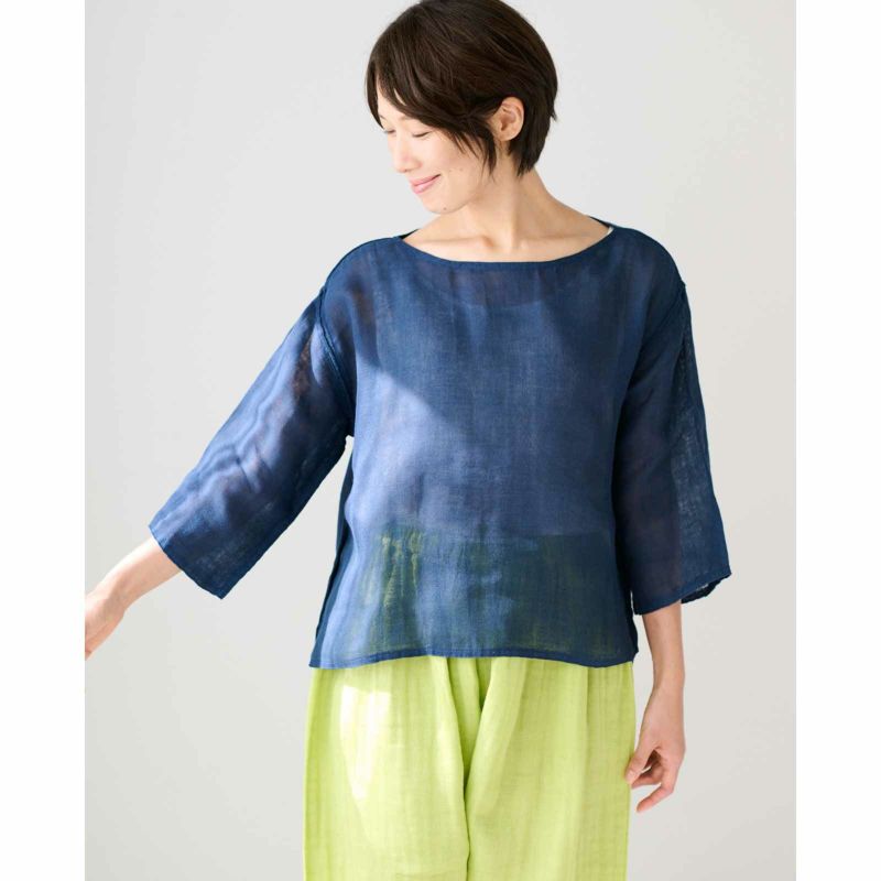 蚊帳ボートネックTシャツ鉄紺